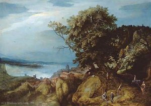 A rocky river landscape with travellers on a path by a town
