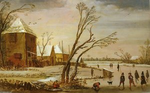 A Frozen River With Skaters — Esaias Van De Velde