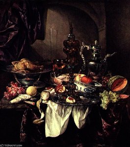 Still Life With Fruit, Roast, Silver - And Glassware, Porcelain And Columbine Cup On A Dark Tablecloth With White Serviette — Abraham Hendricksz. Van Beyeren