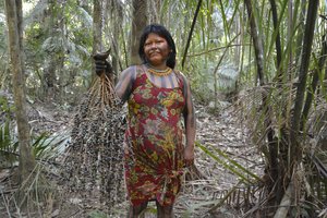 Mulher da Aldeia Baú segurando cacho de Açaí