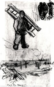 Sketches Of A Man With A Ladder, Other Figures, And A Cemetery — Vincent Willem Van Gogh, Expressionism
