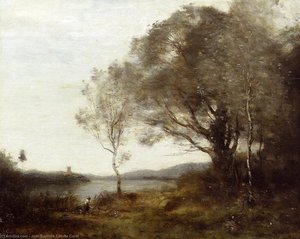 Strolling Along The Banks Of A Pond — Jean-baptiste-camille Corot