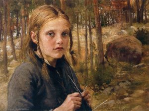 A Girl Knitting Socks — Алберт Еделфелт, Realist Painting