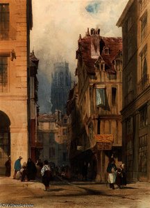 View in the rue de la tuile, rouen, with the tower of st. ouen in the distance, france