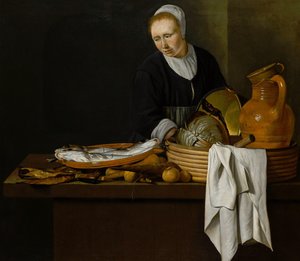 A Kitchen Scene With A Maid Standing By A Table Laden With Fish — Йоханнес Лингельбах