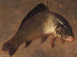 A still life with a carp hanging from a piece of string