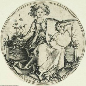 Shield With A Unicorn, Held By A Lady — Martin Schongauer