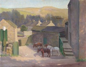 Working Horses, Cows and Chickens in a Farmyard