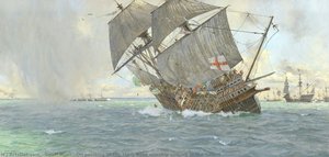 Oil painting of the Mary Rose warship sinking in the Solent