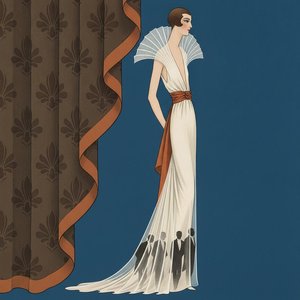 Architectural White Pleats and Silhouetted Figures in Blue