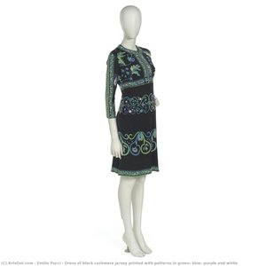 Dress Of Black Cashmere Jersey Printed With Patterns In Green, Blue, Purple And White — Emilio Pucci, Mid-century Modern