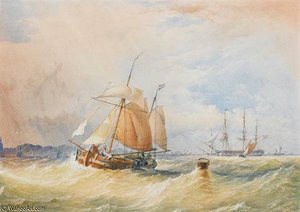 A Dutch Hoy Running Inshore With Frigates Anchored In The Roadstead Beyond — Thomas Sewell Robins