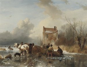 Ice Fishing - Hauling In The Nets On A Winter's Day — Andreas Schelfhout