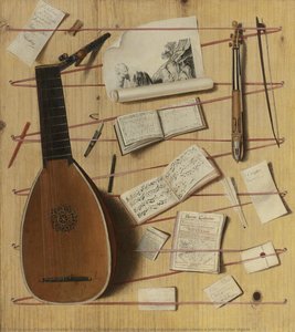 Trompe L'oeil Still Life With A Lute And Rebec, Music Sheets, A Print And Other Objects — Cornelis Norbertus Gijsbrechts