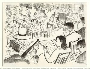 Awaiting Registration At The Civil Control Station At Pilgrim Hall Of The First Congregational Church, Berkeley, California, 1942 — Miné Okubo