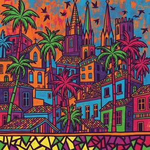 Ritmo Urbano Eléctrico: Un Mosaico Vibrante De Agujas Y Siluetas Tropicales — Caroline Pelletier