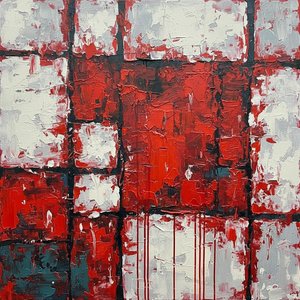 Fragmented Crimson Grid: A Monumental Study In Impasto Chaos And Structural Tension — Christian Noiret, Abstract Expressionism