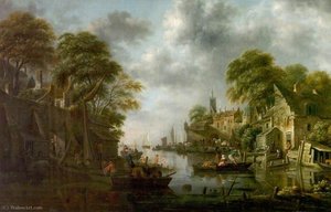 River Scene with Boats and Figures