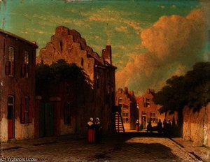 A sunlit townview with figures conversing
