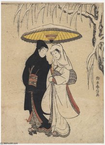Young Lovers Walking Together Under An Umbrella In A Snow Storm — Suzuki Harunobu