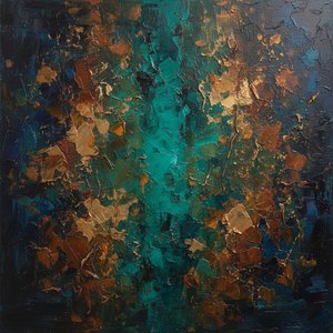 Radiant Core Of Prussian Shadows And Fragmented Ochre Light — Christian Noiret, Contemporary Abstract Painting