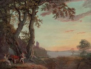 An extensive wooded river landscape with an amorous couple making music under a tree