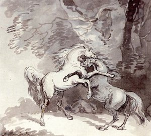 Horses Fighting On A Woodland Path — Thomas Rowlandson