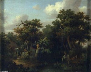Cottage By A Brook With A Boy On A White Horse Which Is Drinking
