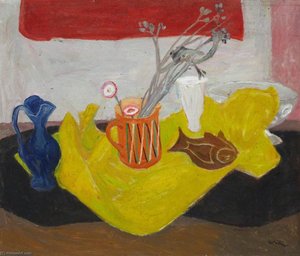 Still Life With Orange Jug, Flowers And A Yellow Cloth — Sir William George Gillies, Cubism