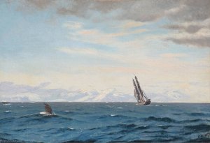 Humpback whale and sailing ship in the Davis Strait