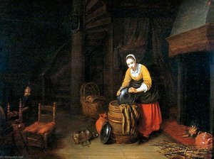 Interior with Young Woman Washing Pots