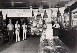 Ferguson Drug Store, 1218 35th Street (now closed) Interior, Colgate Palmolive week, 1940s, from The Corner Stores of Galveston, Galveston County Cultural Arts Council