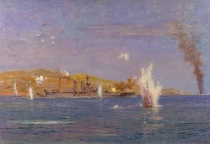 Hms 'queen Elizabeth' Shelling Forts, Dardanelles The Attack On The Narrows, Gallipoli, 18 March 1915 — Norman Wilkinson