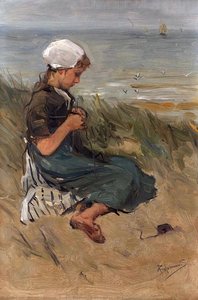 Knitting Girl On A Dune — Bernardus Johannes (bernard) Blommers, Contemporary Realism