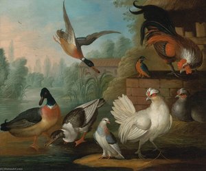 Still Life with Cockerels, Ducks, a Kingfisher and a Pigeon in a River Landscape