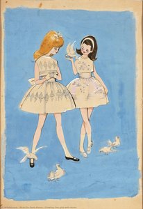 Drawing, two girls with doves