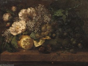Pink Roses, Lilacs And Grapes On A Ledge