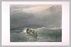 Ship With Five Sailors On The Sea — Richard Parkes Bonington