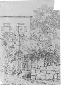 Women Seated Outside The Gate Of A House; And A Street Scene, Macao — George Chinnery