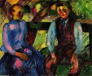 Boy And Girl On A Green Bench
