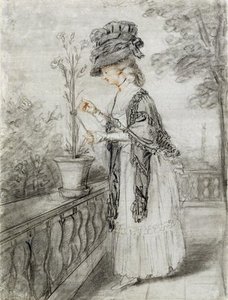 Lady On A Terrace Tending A Carnation Plant — John Raphael Smith