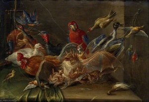 Decorative Still Life Composition with Birds and two Bats