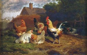 A Rooster And Hens In A Barnyard