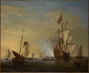 Harbor Scene: An English Ship With Sails Loosened Firing A Gun — Peter Monamy