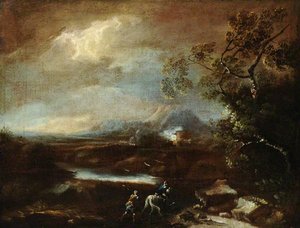 Stormy Mountainous Italianate Landscape With Travellers — Lukas Moser, Baroque