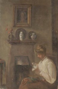 Girl Sewing By A Fireside — Patti Mayor