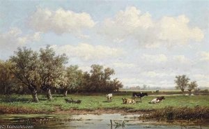 Cattle In A Summer Polder Landscape — Anthonie Jacobus Van Wijngaerdt
