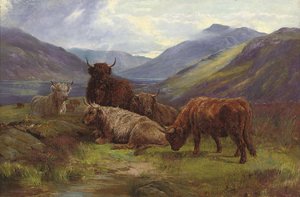 Highland Cattle Resting Before A Loch — William Watson