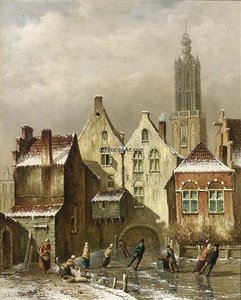 A View Of A Dutch Town With Skaters On A Frozen Canal — Oene Romkes De Jongh