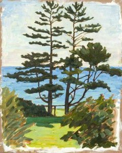 Lake Scene With Two Conifers — Myrtle Broome